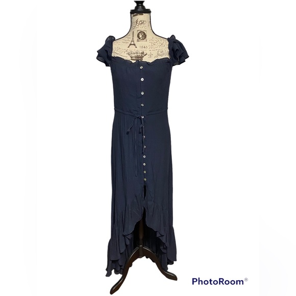 Magnolia Boutique Off The Shoulder Button Down High Low Maxi Dress, Navy, Small - Picture 2 of 9